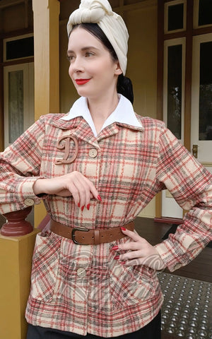 Astro Bettie 1940's Jacket in Red & Tan Plaid rockabilly