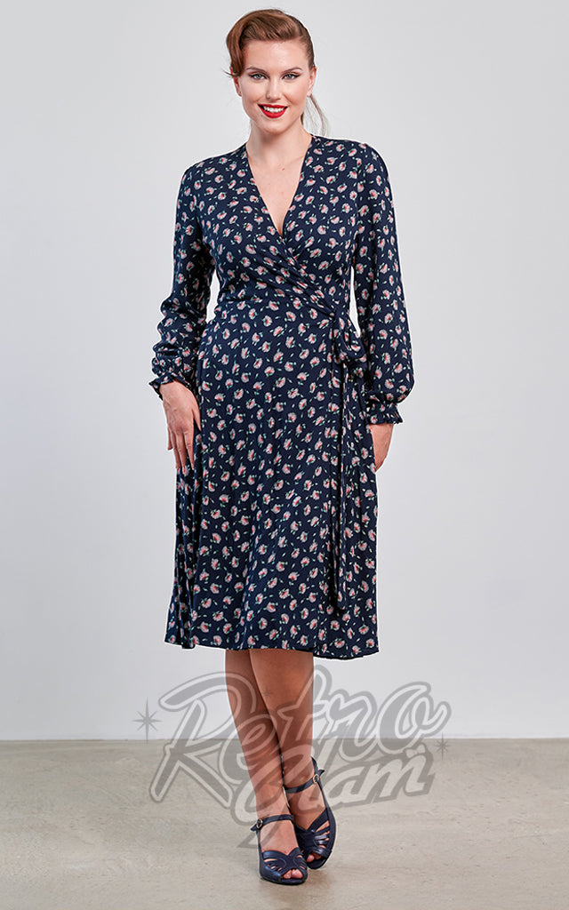 Banned Bloom Wrap Dress in Navy Floral - Pre-Order