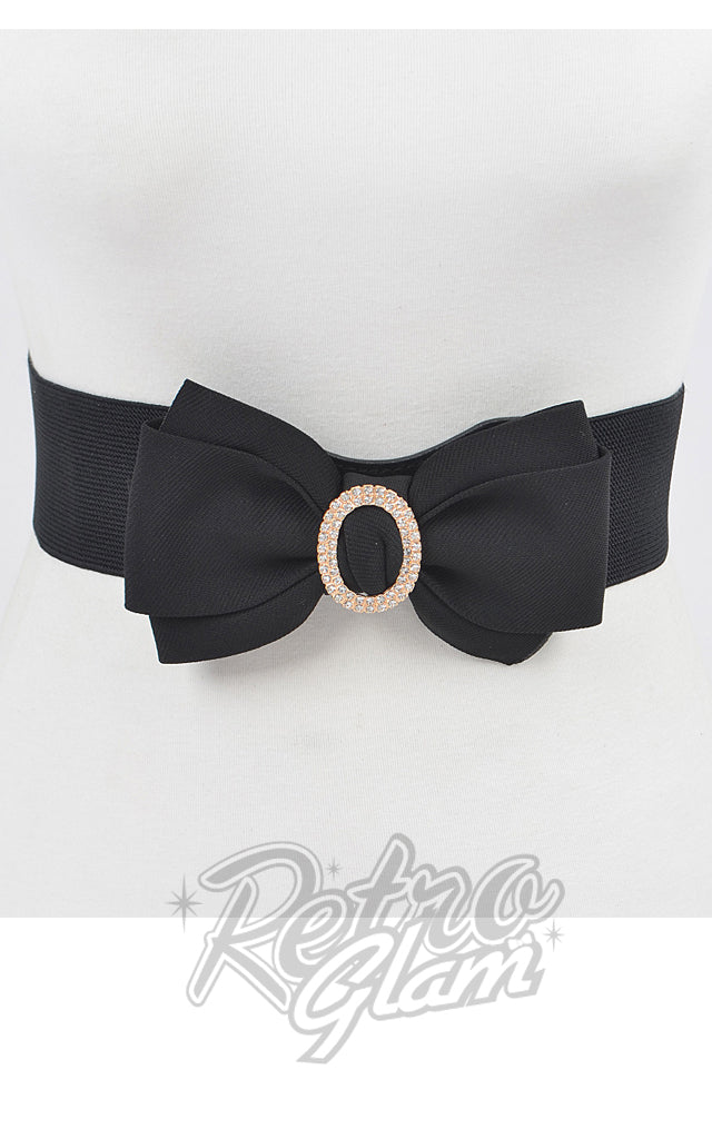 Rhinestone Bow Buckle Stretch Belt in Black