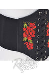 Wide Corset Belt with Red Roses in Black embroidery