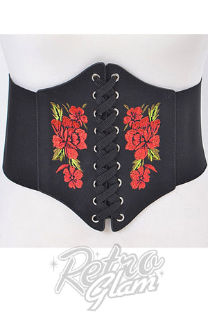 Wide Corset Belt with Red Roses in Black