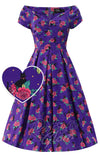Dolly and Dotty Lily Purple Cat & Rose Print Dress 50s