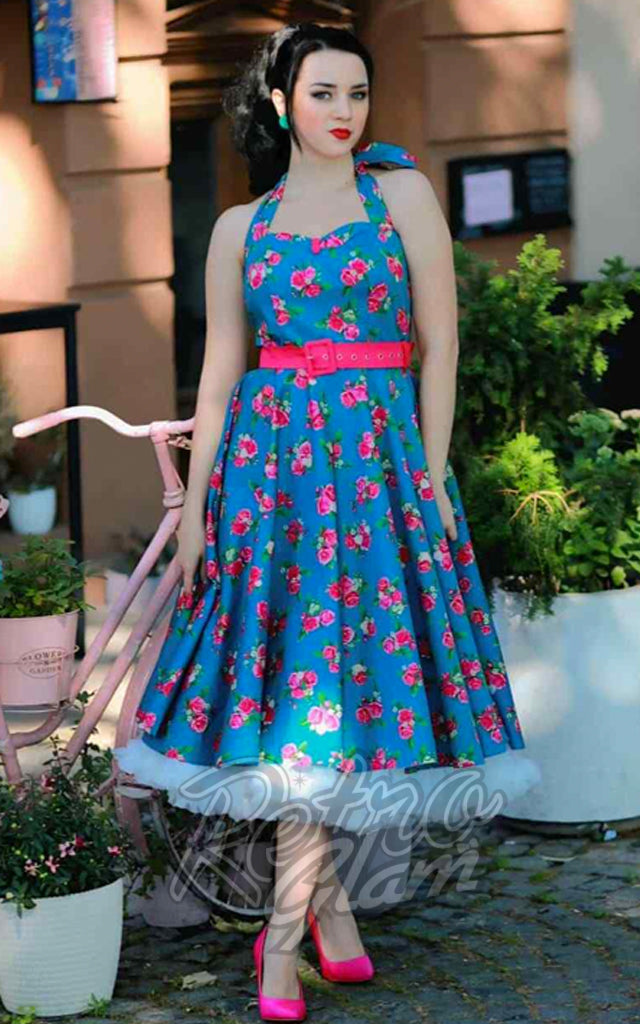 Dolly and Dotty Daisy Blue Halter Dress in Rose Print - Pre-Order