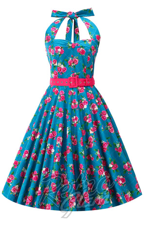 Dolly and Dotty Daisy Blue Halter Dress in Rose Print cad