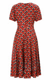 Dolly and Dotty Julia in Brick Red 40s Feather Fan Print dress back