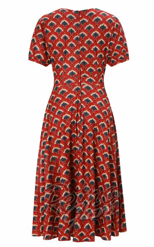 Dolly and Dotty Julia in Brick Red 40s Feather Fan Print dress back
