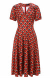 Dolly and Dotty Julia in Brick Red 40s Feather Fan Print dress