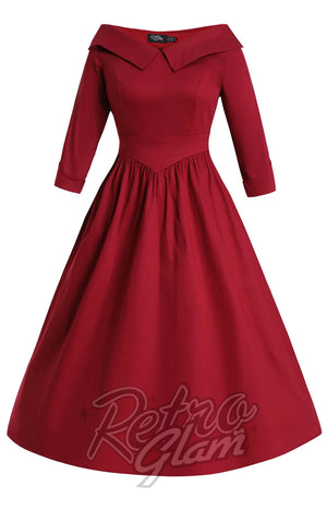 Dolly and Dotty Ruth Retro Long Sleeve Dress in Burgundy cad