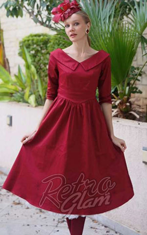Dolly and Dotty Ruth Retro Long Sleeve Dress in Burgundy model