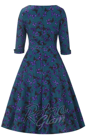 Dolly and Dotty Scarlette Midi Dress in Peacock Blue & Purple Butterfly back