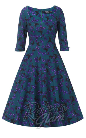 Dolly and Dotty Scarlette Midi Dress in Peacock Blue & Purple Butterfly