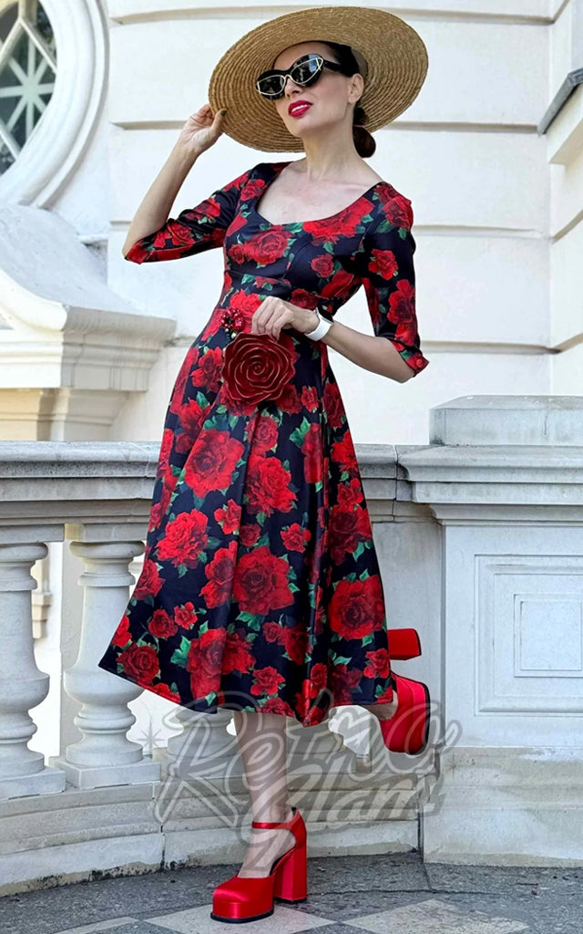Dolly and Dotty Scarlette Midi Dress in Red Roses Print - Pre-Order