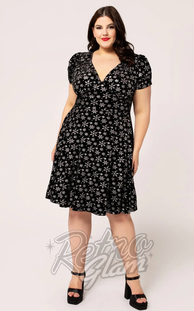 Hell Bunny Eve Dress in Snowflakes on Black Velvet