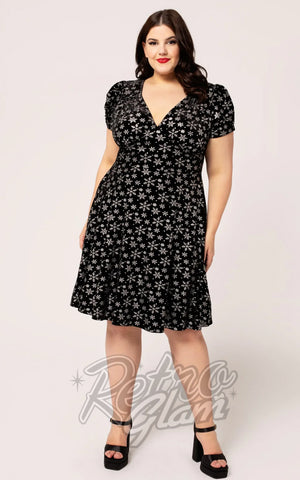 Hell Bunny Eve Dress in Snowflakes on Black Velvet plus sized