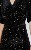 LA Soul Golden Moon Star Velvet Wrap Dress in Black detail