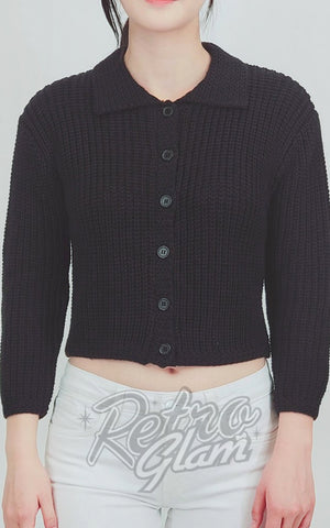 Mak Cropped Cardigan Sweater with Collar in Black