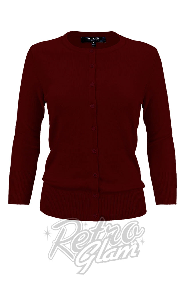 Mak 3/4 Sleeve Crewneck Cardigan in Burgundy - 1XL - 3XL