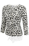 Mak 3/4 Sleeve Crewneck Cardigan in Ivory/Grey Leopard pinup
