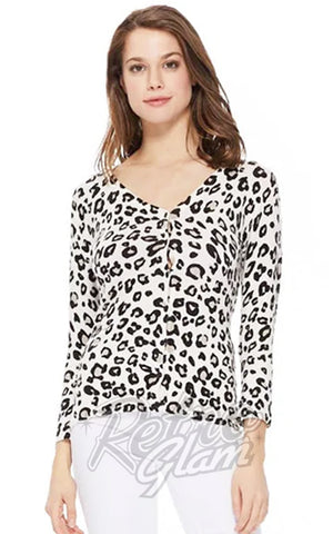 Mak 3/4 Sleeve Crewneck Cardigan in Ivory/Grey Leopard