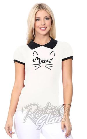 Mak White Meow Cat Collared Sweater