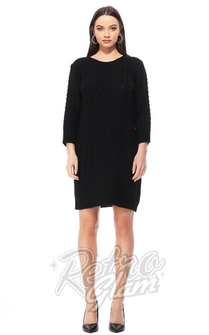 Mak 3/4 Sleeve Cable Knit Sweater Dress in Black