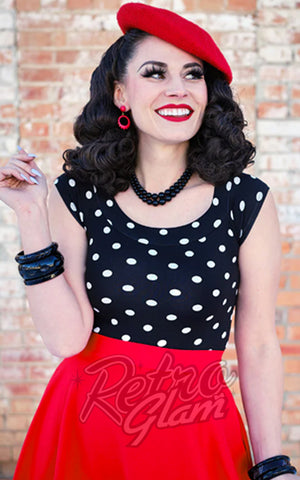 Retrolicious Boat Neck Top in Black & White Polka Dot