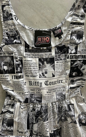 Retrolicious Fit & Flare Dress in Newspaper Cats detail
