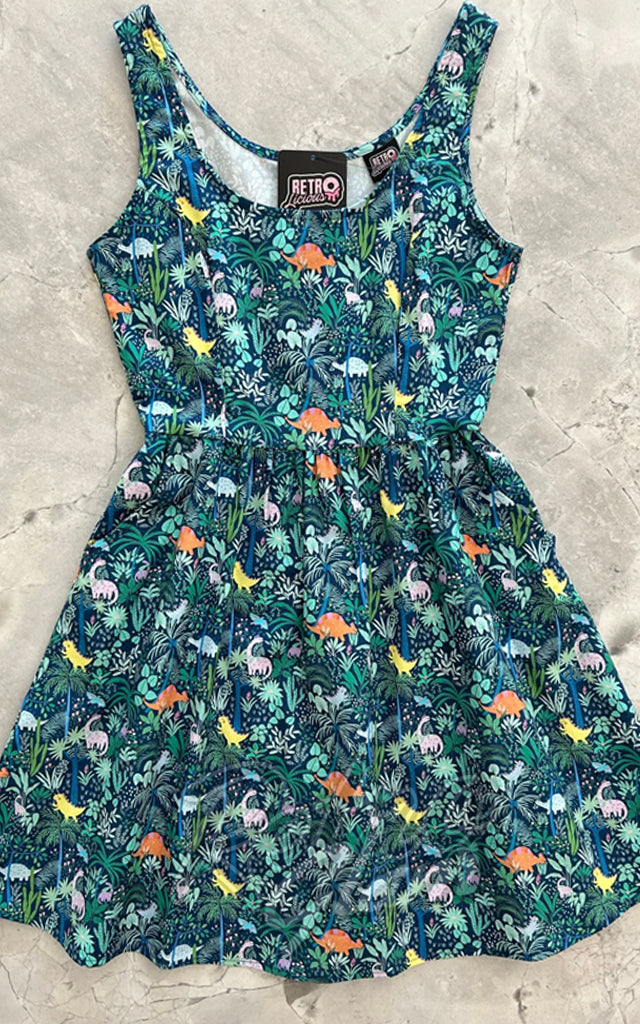 Retrolicious Fit & Flare Dress in Dino Print - L & XL left only