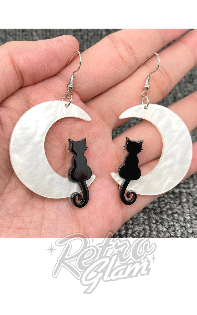 Black Cat & White Moon Drop Earrings