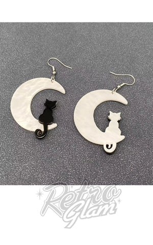 Black Cat & White Moon Drop Earrings halloween