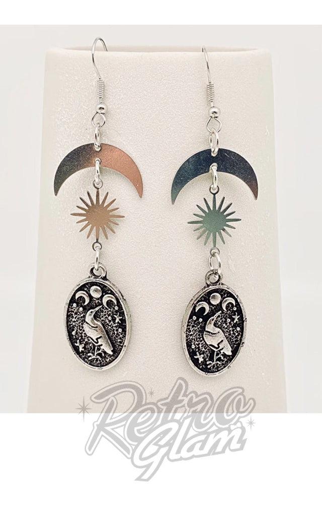 Crescent Moon, Star & Crow Pendant Earrings
