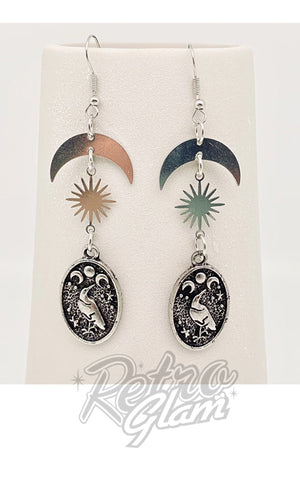 Crescent Moon, Star & Crow Pendant Earrings