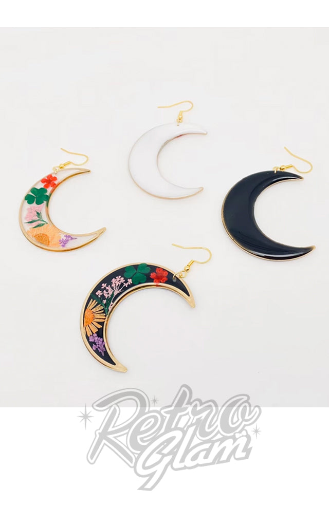 Crescent Moon Earrings with Dried Flowers - Black or White