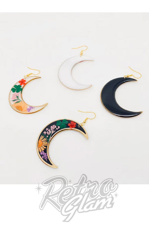 Crescent Moon Earrings with Dried Flowers in black or white