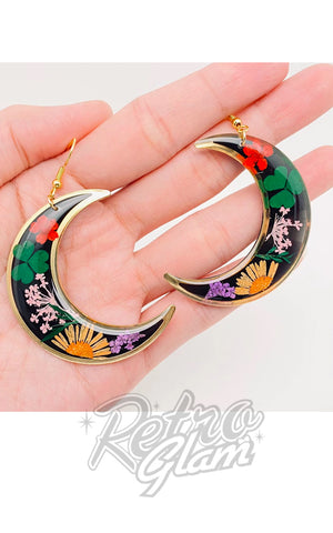 Crescent Moon Earrings with Dried Flowers black