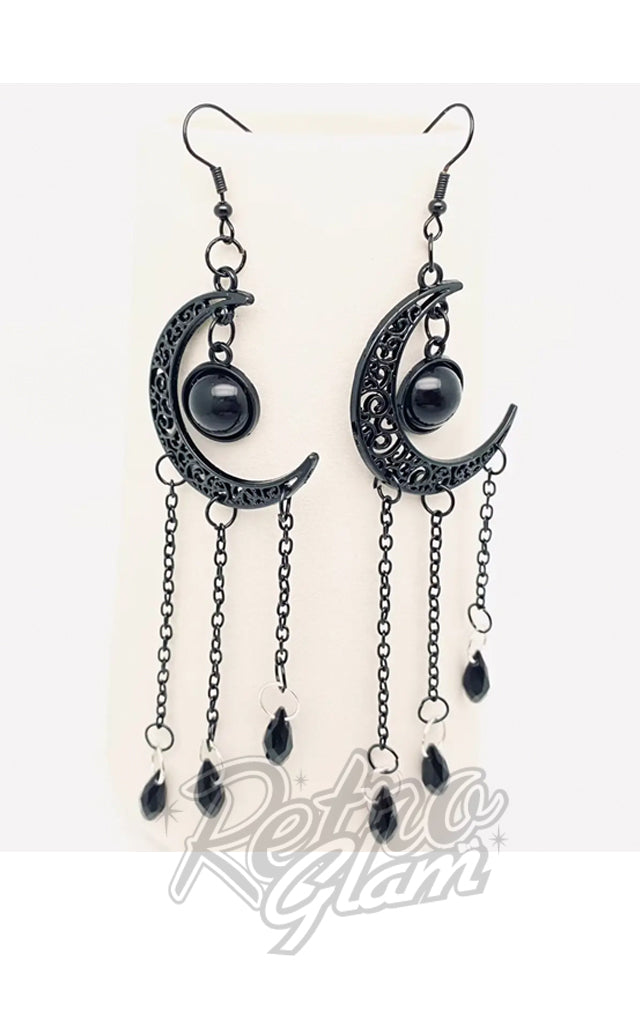 Black Crescent Moon Chain & Bead Tassel Earrings