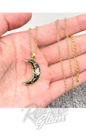Black Crescent Moon with Dried Flowers Necklace
