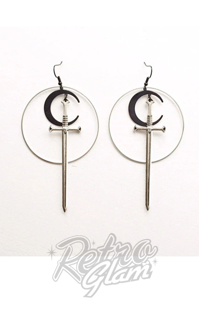 Silver Circle & Sword Earrings with Black Crescent Moon