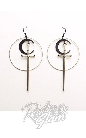 Silver Circle & Sword Earrings with Black Crescent Moon
