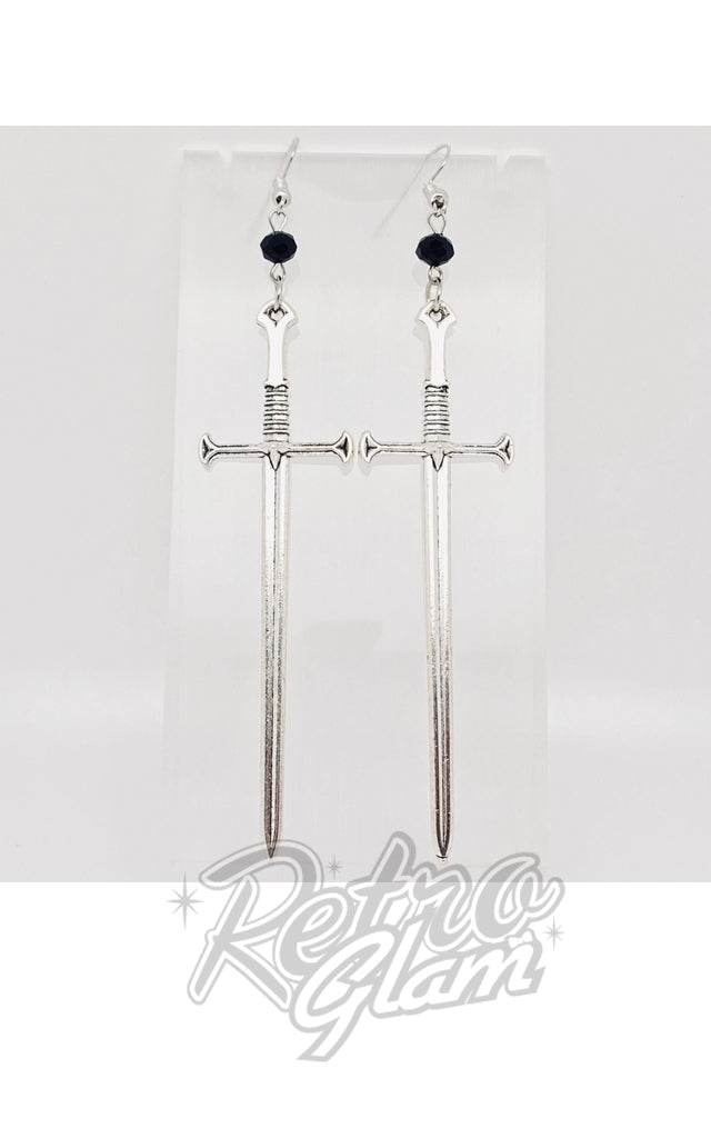 Black Bead With Silver Sword Dangle Earrings