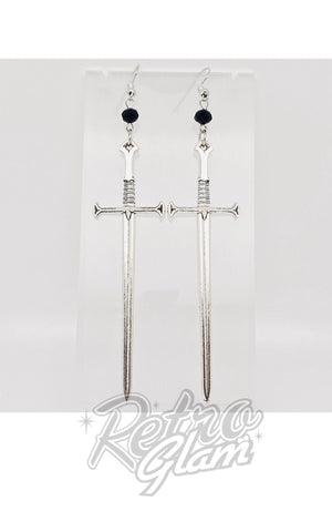 Black Bead With Silver Sword Dangle Earrings card