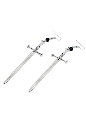 Black Bead With Silver Sword Dangle Earrings