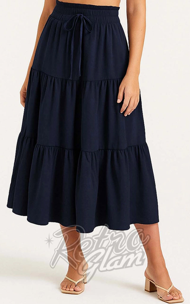 SK Elastic Waist Tiered Maxi Skirt in Black