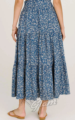 SK Elastic Waist Tiered Maxi Skirt in Blue Floral back