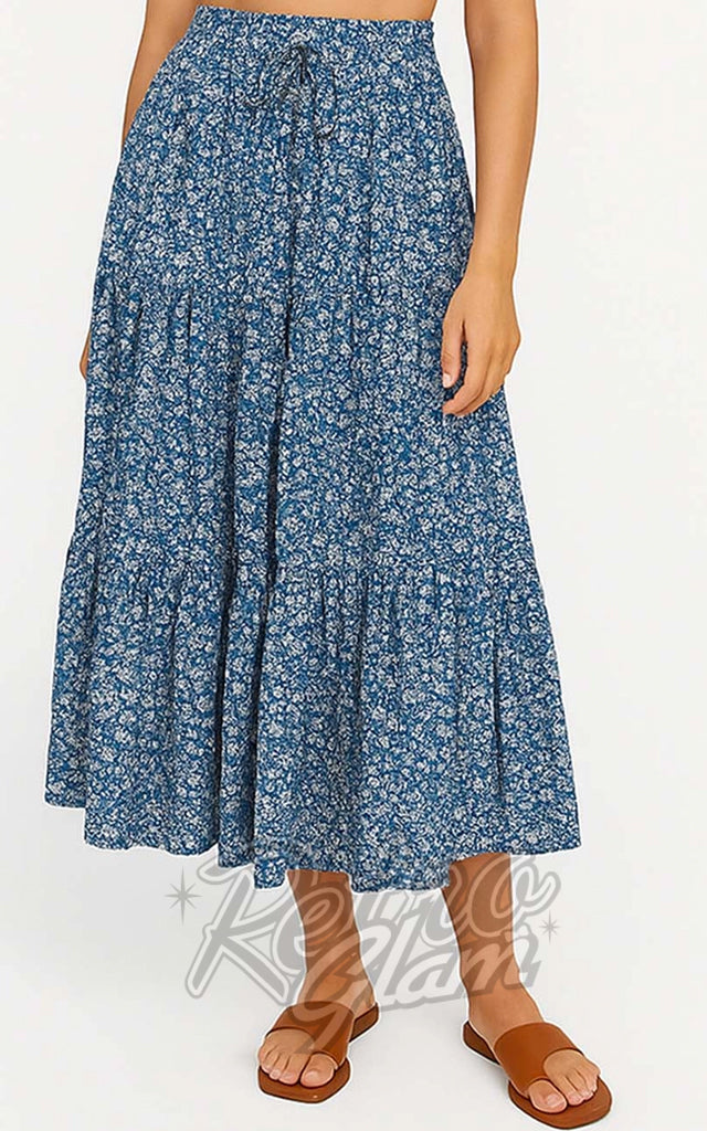 SK Elastic Waist Tiered Maxi Skirt in Blue Floral