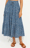 SK Elastic Waist Tiered Maxi Skirt in Blue Floral