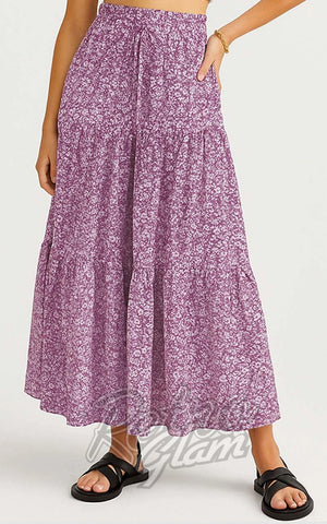 SK Elastic Waist Tiered Maxi Skirt in Magenta Floral