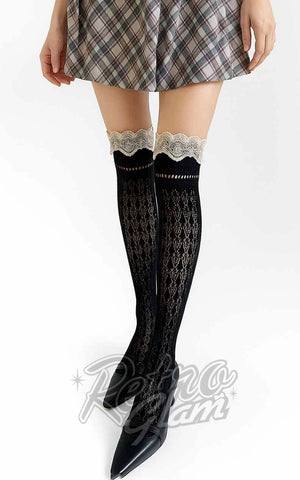 SK Vintage Lace Trim Knee High Socks black