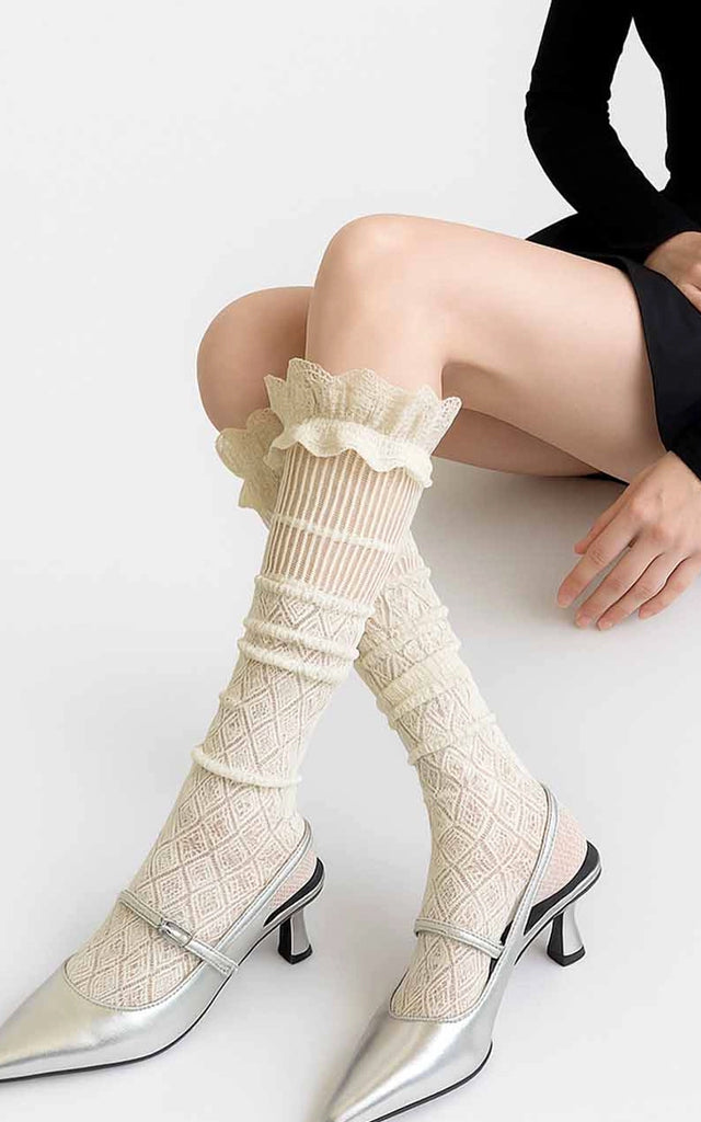 SK Vintage Lace Trim Knee High Slouch Socks - Black or Ivory