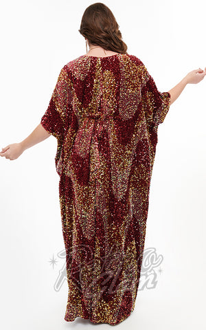 Unique Vintage Burton Caftan Dress in Burgundy Sequins back
